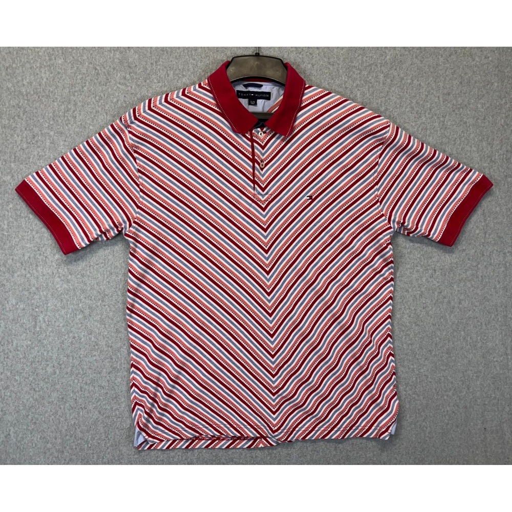 Tommy Hilfiger Mens Chevron Stripe Polo Shirt Red White Blue Cotton Pique Large